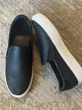 Women’s UGG Black Leather Slip-On Sneakers with White Sole